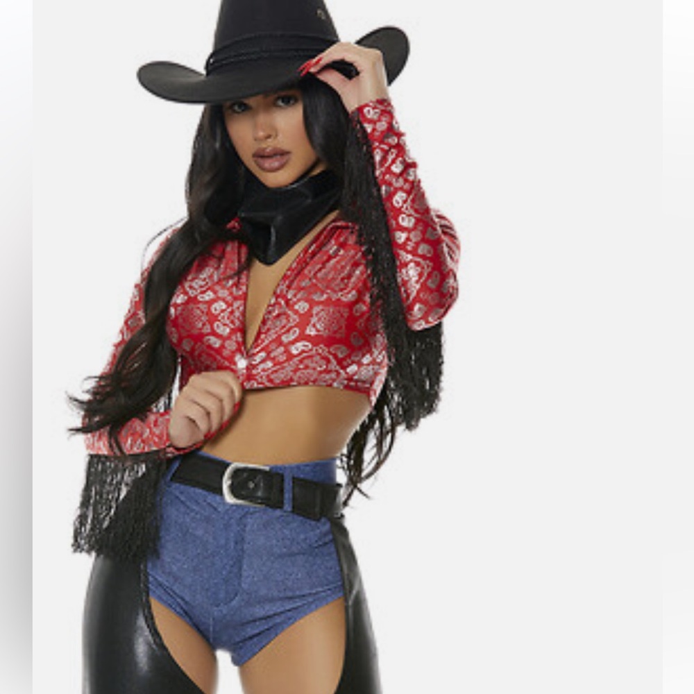 Forplay Saddle Up Cowgirl Sexy RedSilver Paisley Cropped Long Sleeve Costume Top
